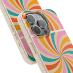 Retro Swirl Biodegradable Phone Case — Colorful 70s Spiral Eco-Friendly iPhone Cover